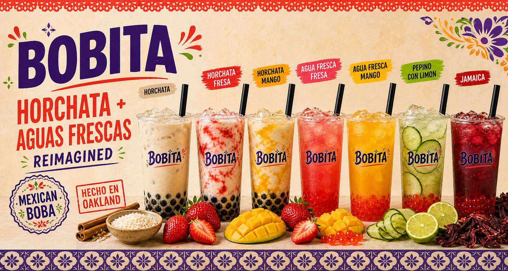 Bobita Horchata and Aguas Frescas Reimagined hero lineup with horchata, strawberry, mango, pepino con limon, jamaica, tapioca pearls, and strawberry popping boba