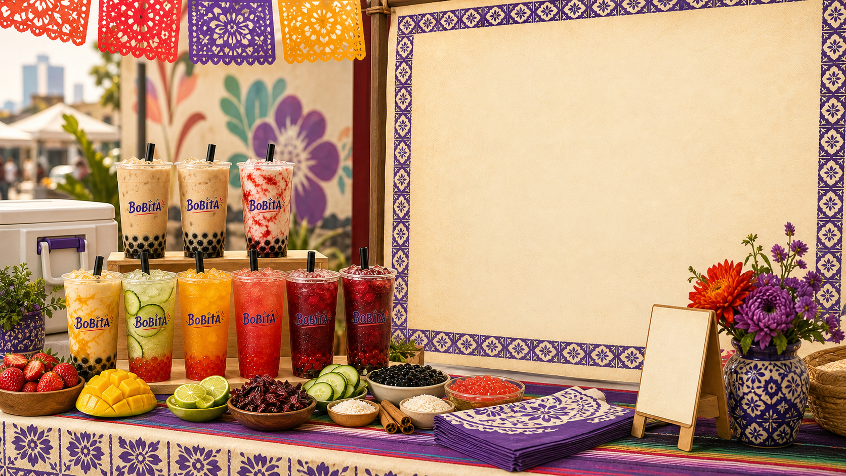 Bobita pop-up table with horchata, aguas frescas, fruit, boba, and a blank tile-bordered market sign