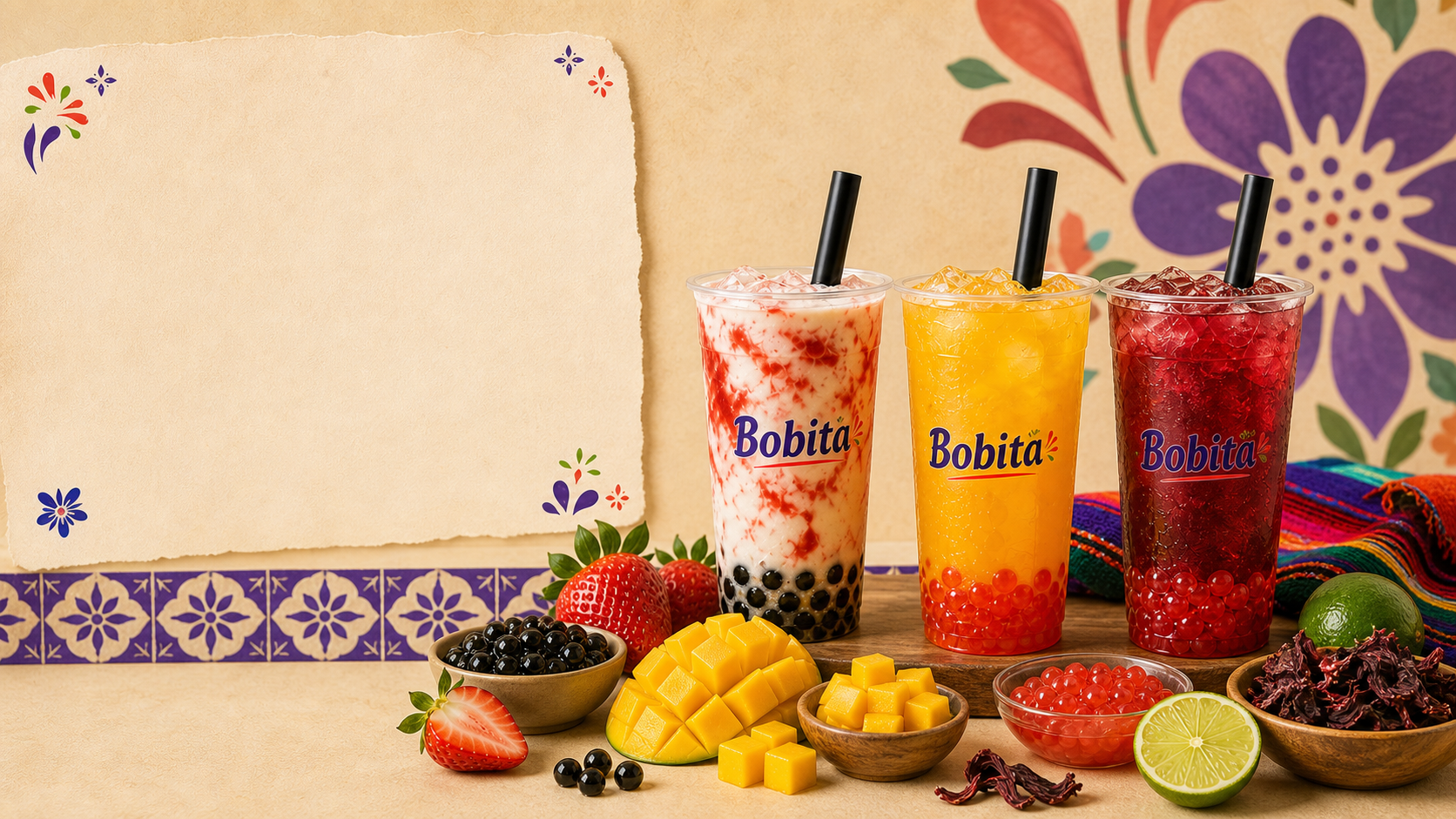 Three Bobita drinks on a warm market tabletop with fruit, boba, and a blank paper note